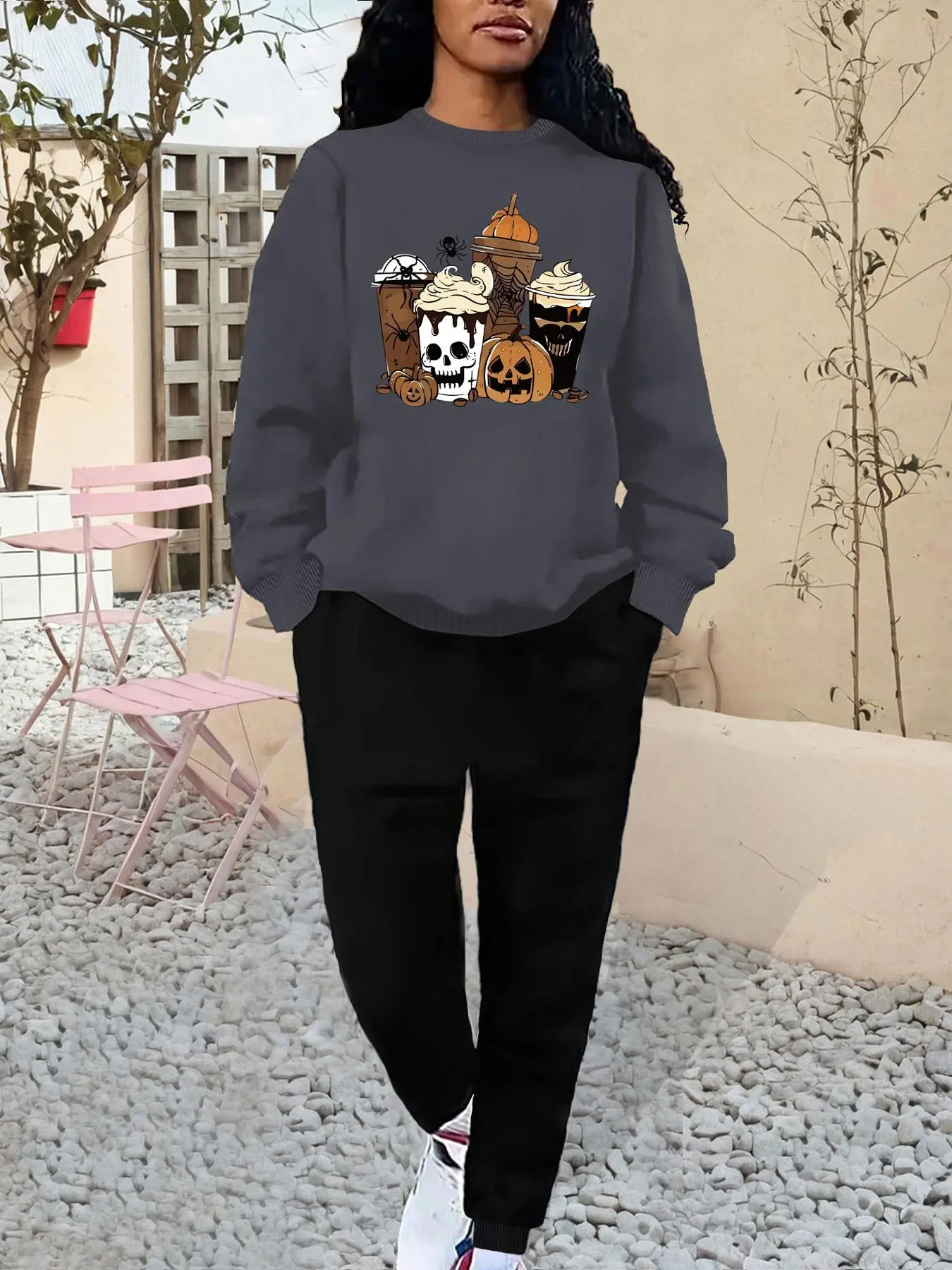 Women's Halloween Themed Sweatshirt & Sweatpants Set, Casual Round Neck Long Sleeve Pullover & Pocket Jogger Pants, Women's Fall & Winter Clothes