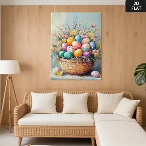 2D Flat, Rustic Farmhouse Easter Eggs and Flowers Canvas Painting - Pastel Spring Wall Decor with Wooden Frame, Easter Basket Floral Art in Soft Pastel Colors (Pink, Yellow, Green, Brown) - Ready-to-Hang Kitchen, Living Room, Bedroom	