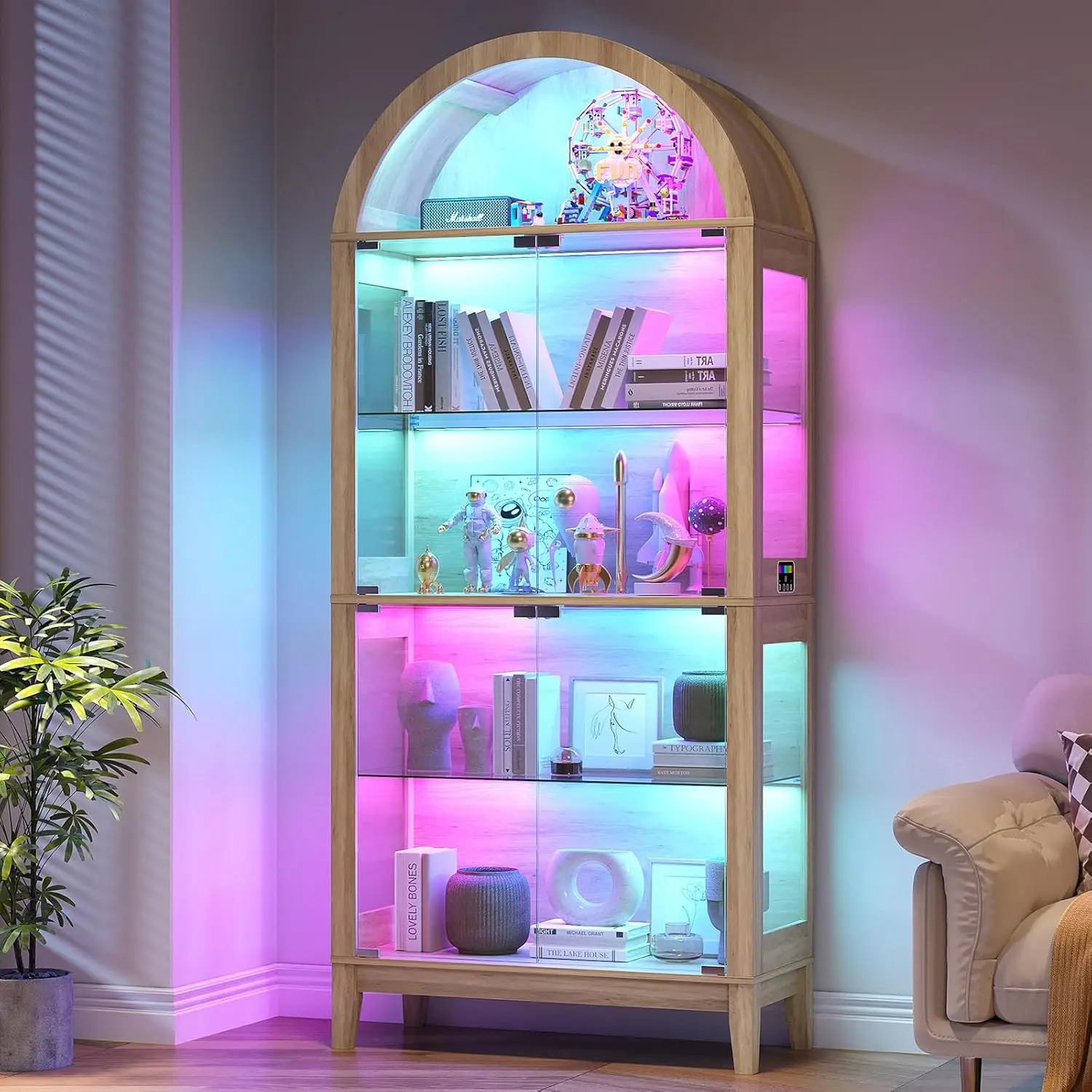 Arched Display Case with RGB Lights, 69" Tall 5-Tier Tempered Glass Display Cabinet with Doors, LED Lego Curio Cabinet with Shelf, Floor Standing Bookcase for Living Room (Natural)