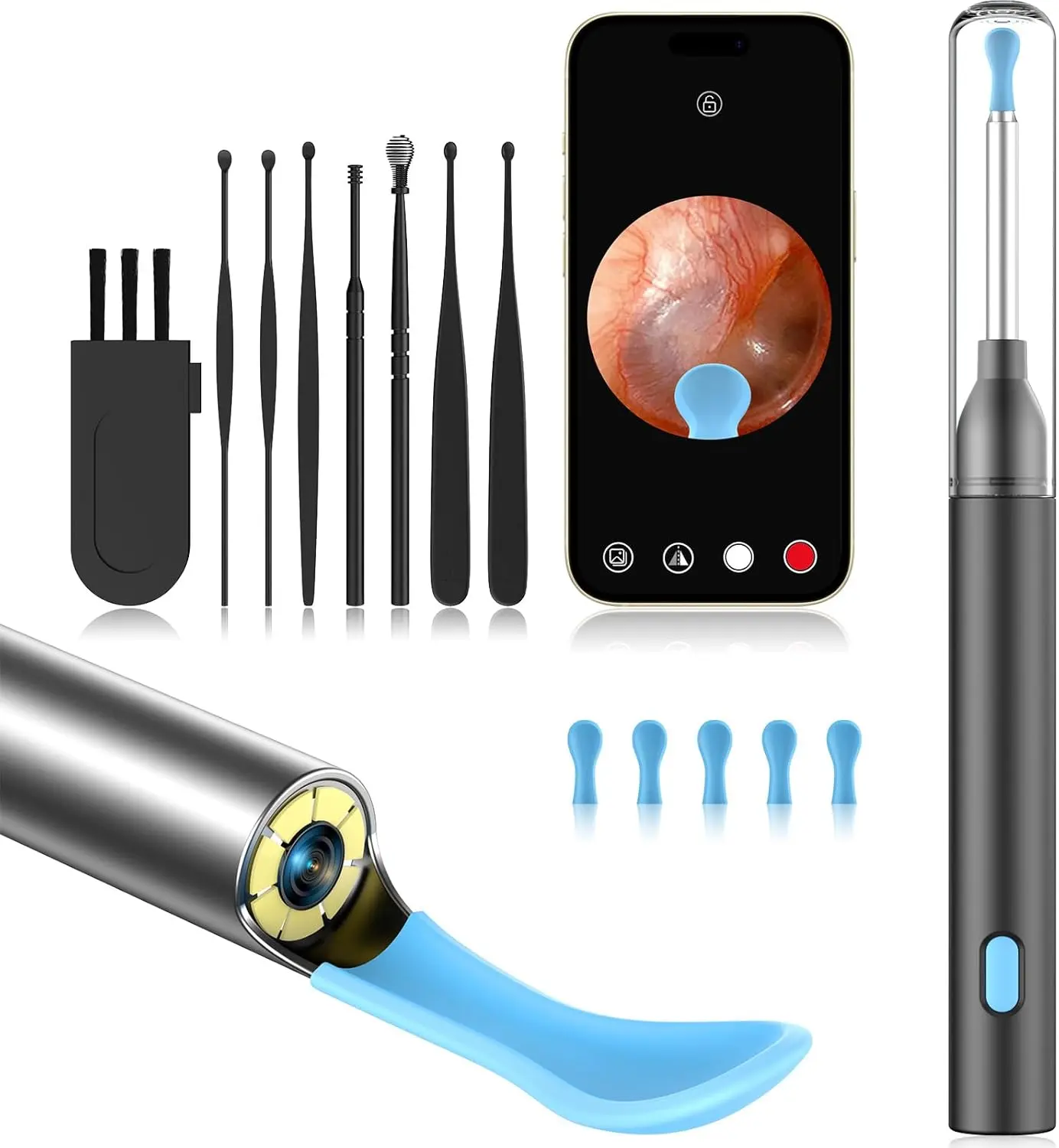 Ear Wax Removal Tool Camera with 8 Kits & 5 Ear Spoon, Ear Cleaner with Camera 1080P HD, Earwax Removal Kit with 6 LED Lights, Ear Wax Removal Kit for iOS & Android (Black)