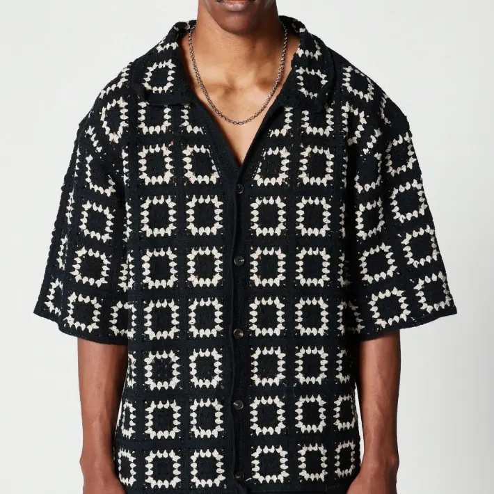 Men's Dark Green Colorblock Knit Button Up Short-Sleeve T-Shirt with All Over Print, Loose Fit Menswear for Casual Vacation, Male Clothing Shortsleeve Clothes,back to school,back to school shopping,clothes for back to school,first day of school outfits