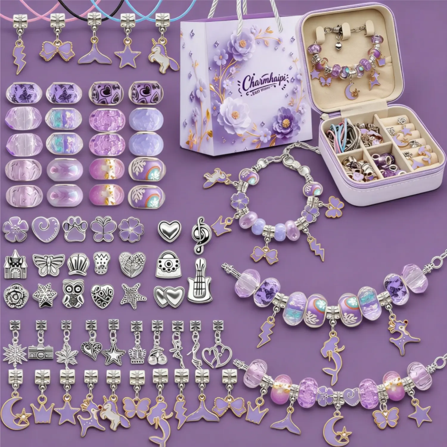 2026New Violet Purple Charm Bracelet Making Kit for Girls 68Pcs Lavender DIY Jewelry Set with Fashionable Charms & Beads Includes Adjustable Chains & Gift Box for Birthday Stylish Beading Accessories for Women Idea Creative Craft Gift for Christmas