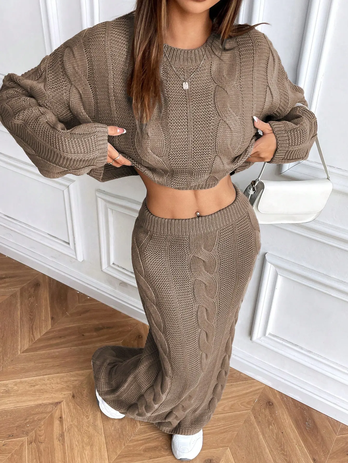 Women's Matching 2-Piece Cozy Cable Knit Sweater Set - Acrylic, Long Sleeve Cropped Pullover with Drop Shoulders, High Waist Maxi Skirt, Ribbed, Fitted, Casual, Streetwear Chic, Vintage, Solo or Full Set Women's Clothing