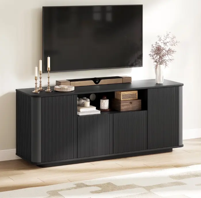 Fluted TV Stand for TVs up to 65", 55" Modern Media Console with 3-Sided Fluted Design, Push-to-Open Doors for Living Room, Black, Tv Console Table, Tv Cabinets For Living Room, Tv Stand Furniture