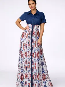Boho Navy Blue Shirt Dress with Red & Blue Floral Skirt for Women Stylish Design Versatile Wear Ideal for Casual Outings