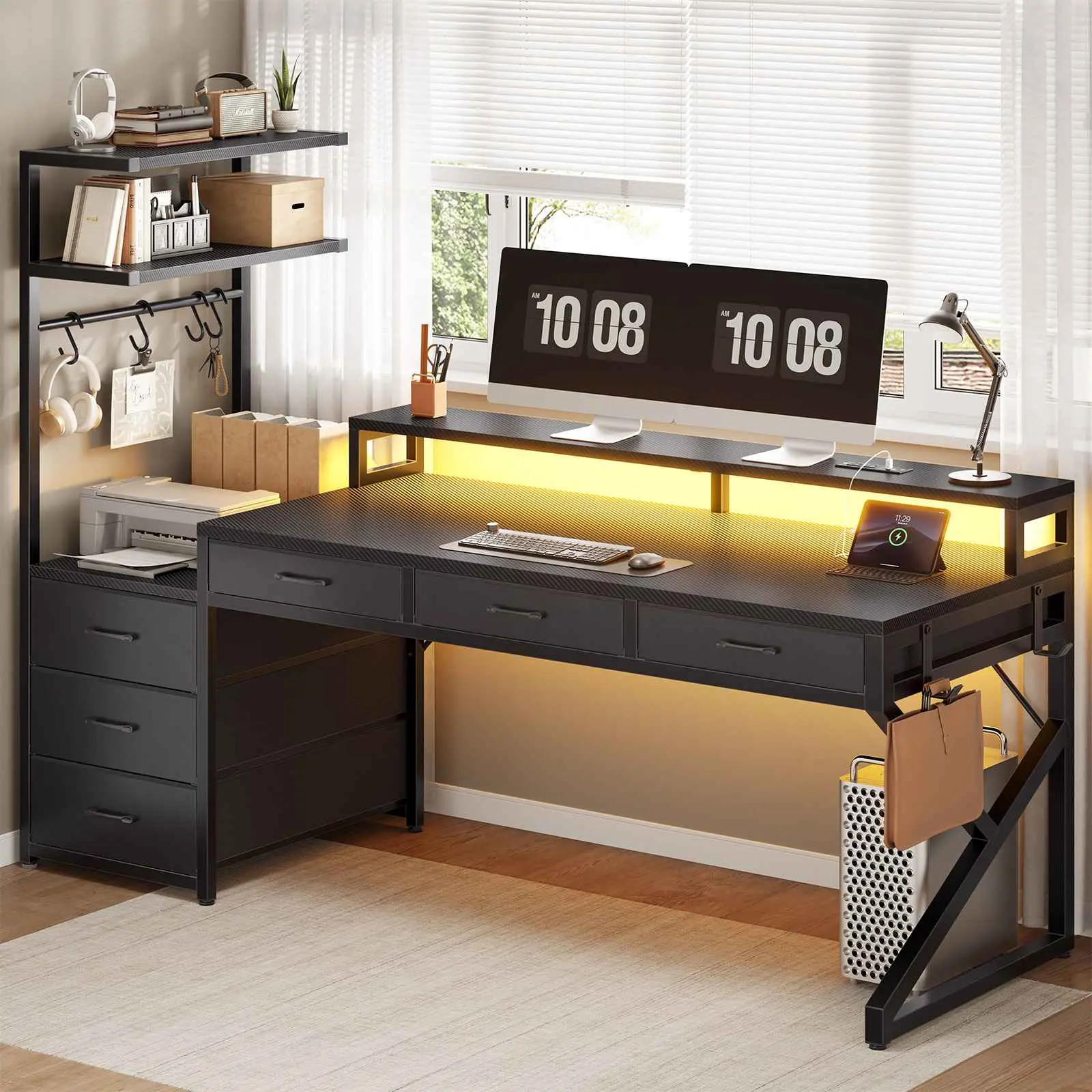 Sedeta 55-Inch Modern Reversible Corner Gaming Desk - Ergonomic Office Desk, 6 Drawers, RGB LEDs, Power Outlet, Monitor Stand, Easy-to-Assemble Wood/Metal PC Workstation, Home Office Furniture, Ergonomic Desk