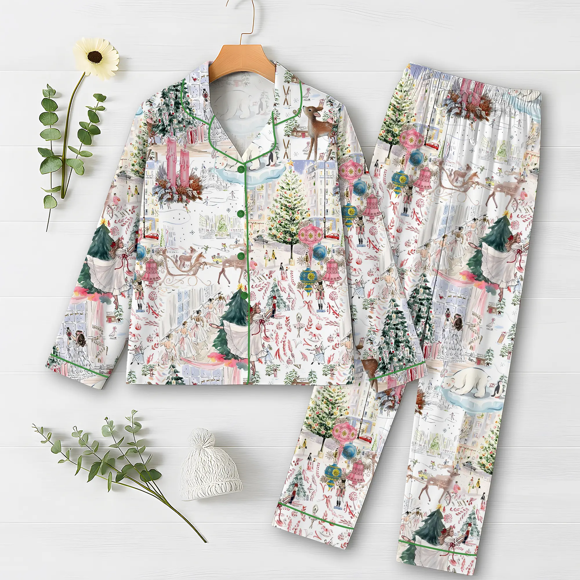 Women’s White Christmas Ballet Christmas Tree Elk Short Sleeve Satin Pajama Set, Pajama Nightwear Hot, Pajama Nightwear, Set for Her Women