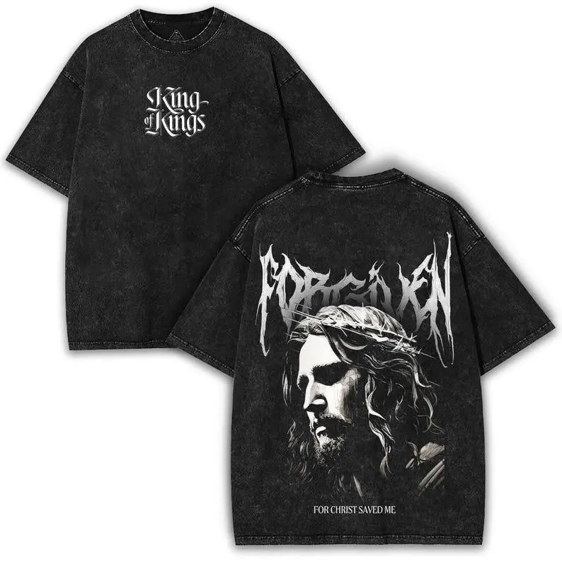 Men's Vintage Oversized Graphic Tee, Christian Forgiven King of Kings Print Short-Sleeve Streetwear Tops, Shortsleeve, Distressed