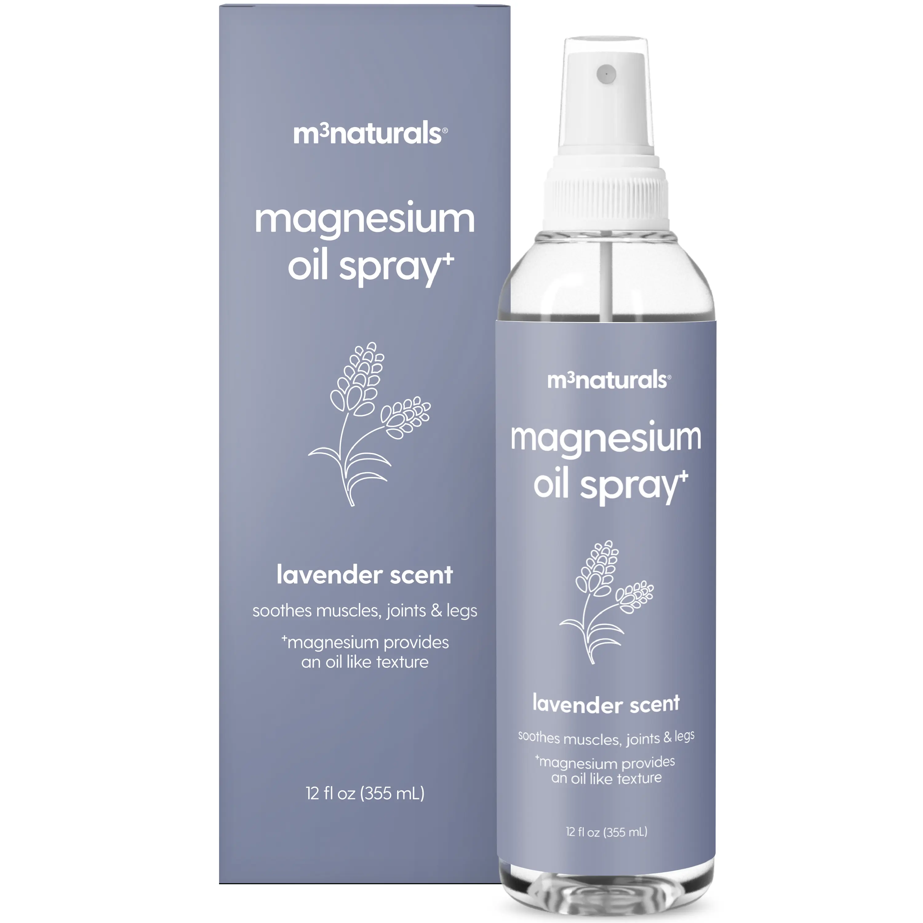 M3 Naturals Gentle Soothing Lavender Magnesium Oil Spray - Plant Blend Body Care for Sore Muscles & Leg Cramps, Post-Workout Recovery, 12 fl oz with Chamomile Oil & Stem Cell Extract, Liquid