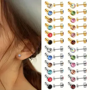 12/24 Pairs/Set Round CZ Clear Cubic Zirconia Cartilage Small Stud Earrings for Men Women Barbell Tragus Helix Screw Sleeper Surgical Steel Flat Back Piercing Studs Hypoallergenic 6mm