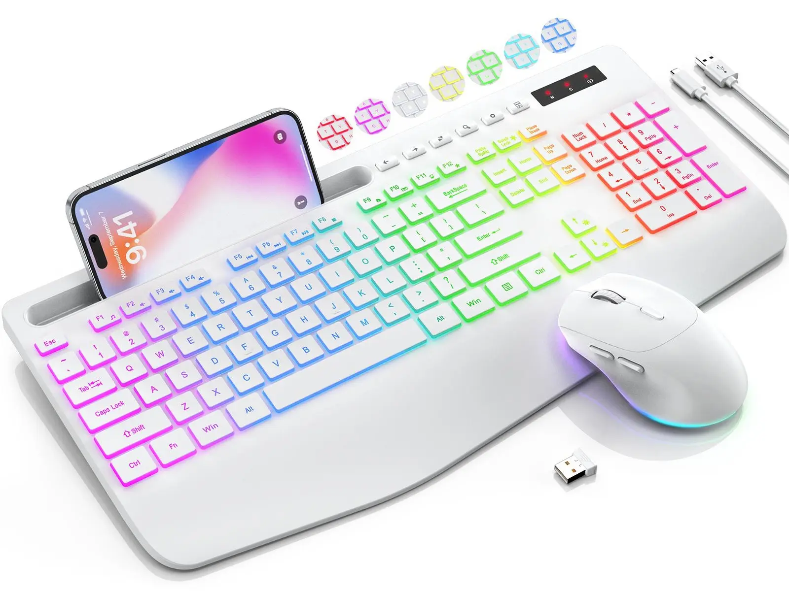 SABLUTE KM22MAX Wireless Keyboard & Mouse Set with 9 Backlights, 54% Wrist Support, Phone Holder, Rechargeable, 2.4G Lag-Free, Silent Typing, 7+1 Backlight Colors