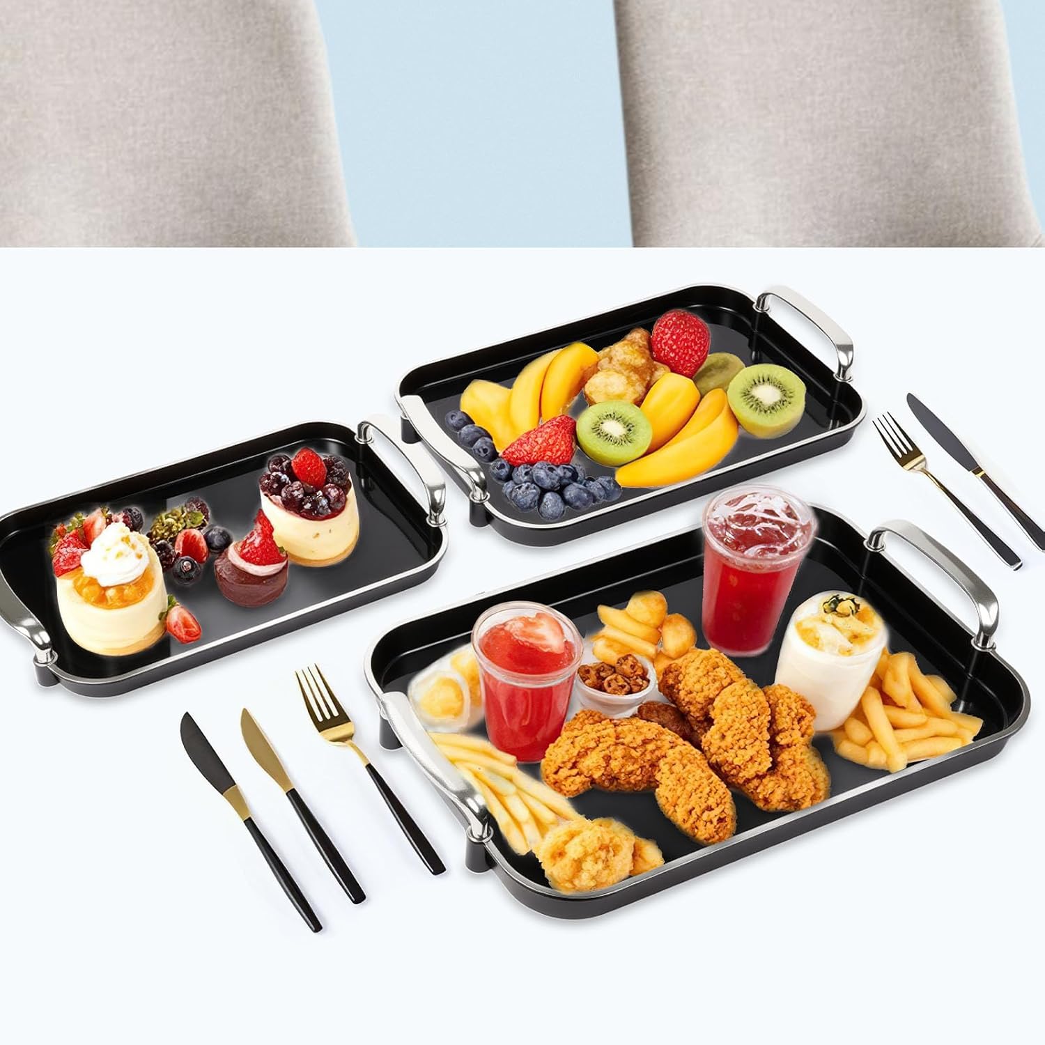 3 Pack Serving Tray with Handles Stackable Reusable Trays for Serving Food Plastic Serving Platters for birthday Party Charcuterie Fruit Appetizer BBQ Pool snacktray  festive party platter Mother's day gift