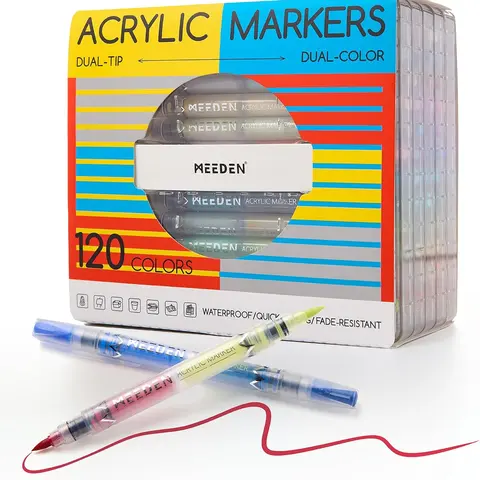 MEEDEN Dual-Color Acrylic Paint Marker Set - 120/96/48 Colors, 0.5-6mm Brush Tip, Automatic Ink Control, Quick Dry Art Supplies, All Ages, Rock/Wood/Glass Use Office Stationery