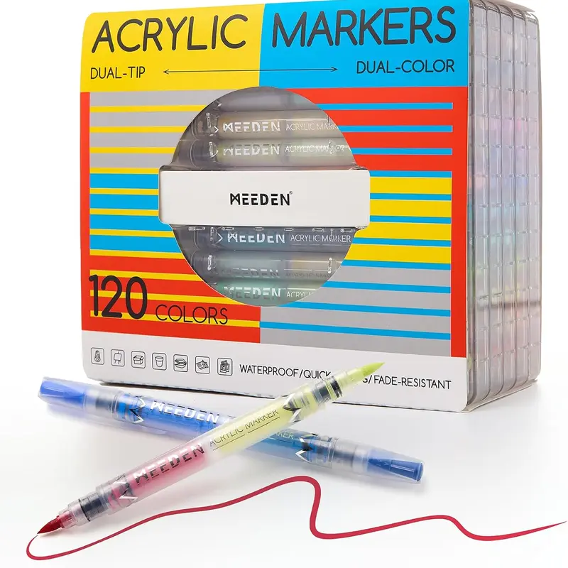 MEEDEN Dual-Color Acrylic Paint Marker Set - 120/96/48 Colors, 0.5-6mm Brush Tip, Automatic Ink Control, Quick Dry Art Supplies, All Ages, Rock/Wood/Glass Use Office Stationery