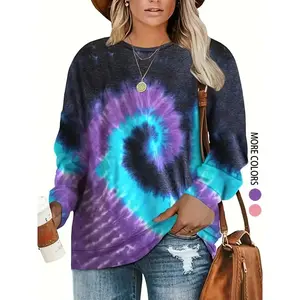 Plus Size Women's Tie Dye Long Sleeve Pullover T-Shirt, Fall/winter Vibrant Print, Round Neck, Polyester Blend