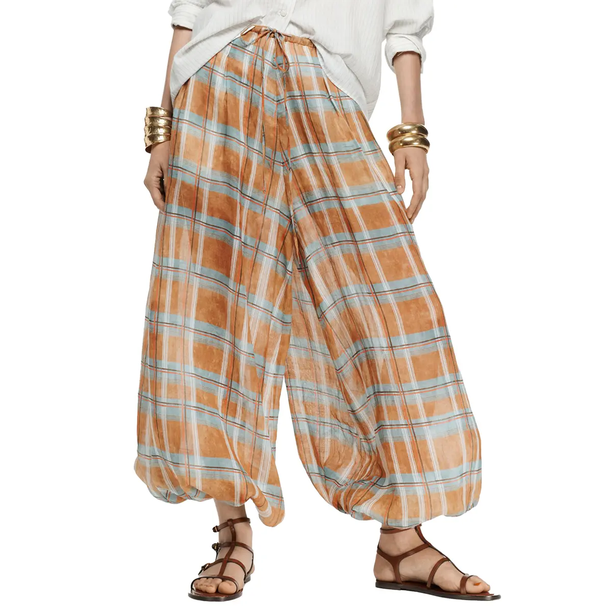 Tankaneo Womens Checkered Harem Pants Striped Wide Leg Drawstring Elastic Waist Balloon Pants with Pockets