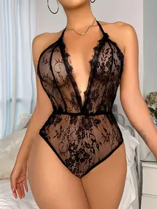 B2LOVER Lingerie for Women Sexy Halter Lace Bodysuit  Sheer Floral Deep V Neck One Piece Backless Nightgwear Bachelorette Gifts For Bride Wedding Boudoir Outfits Polyester