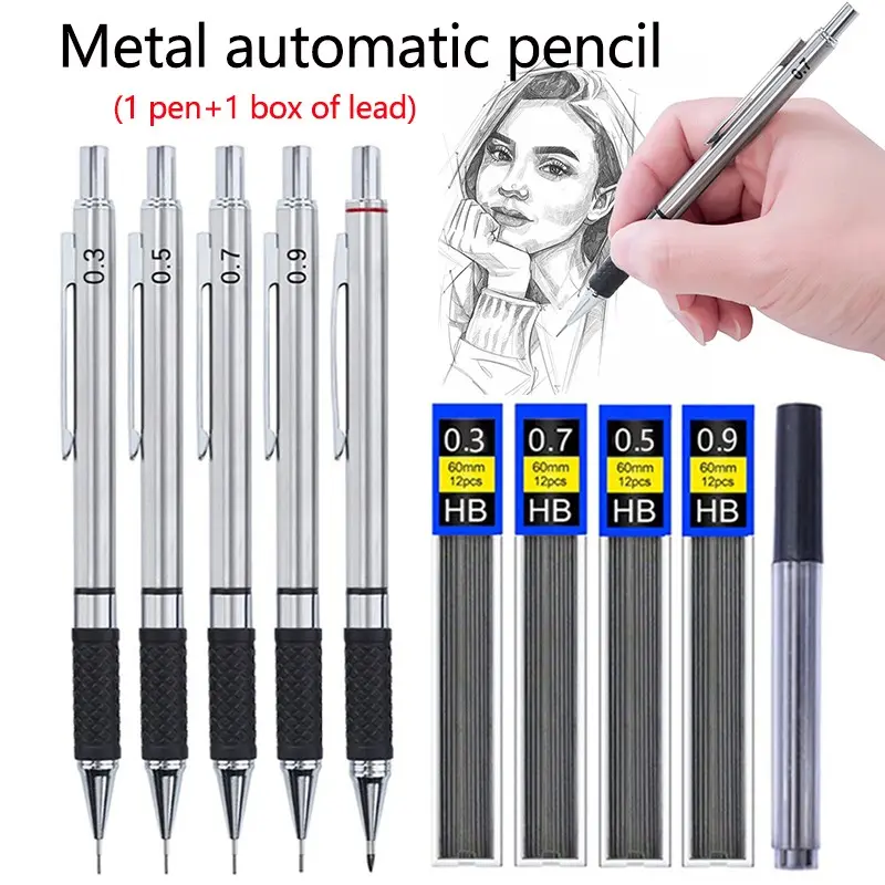 0.3/0.5/0.7/0.9mm metal automatic pencil large capacity set with anti slip soft grip, movable pencil pocket clip, mechanical sketching office stationery supplies Art Materials, Drawing Supplies (1 pen+1 box of pencil leads)