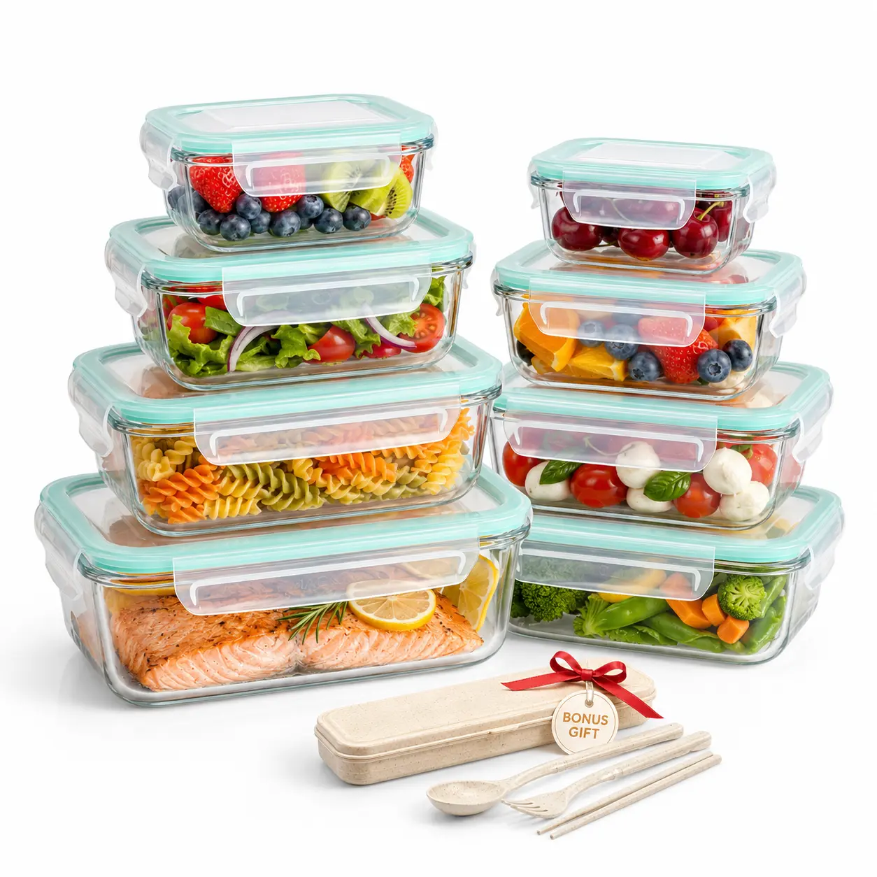 8 Pack Borosilicate Glass Food Storage Containers with Lids, Meal Prep Lunch Containers Set with Airtight Vent Hole Lids, Bonus Travel Cutlery, Microwave Oven Freezer Dishwasher Safe