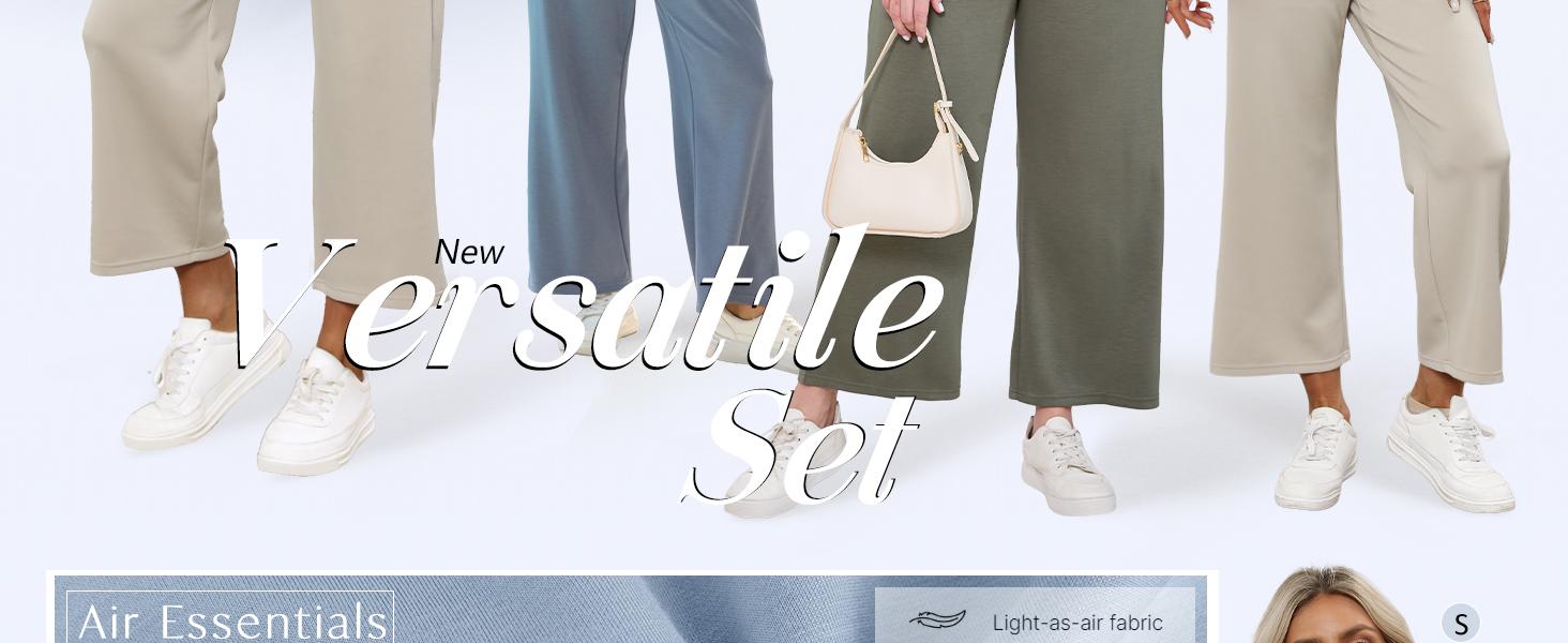 OFEEFAN Two Piece Sets for Women Summer Outfits Lounge Sets Mock Neck Tops Wide Leg Crop Pants Vacation Travel Outfits Silky Casual SpringStatements