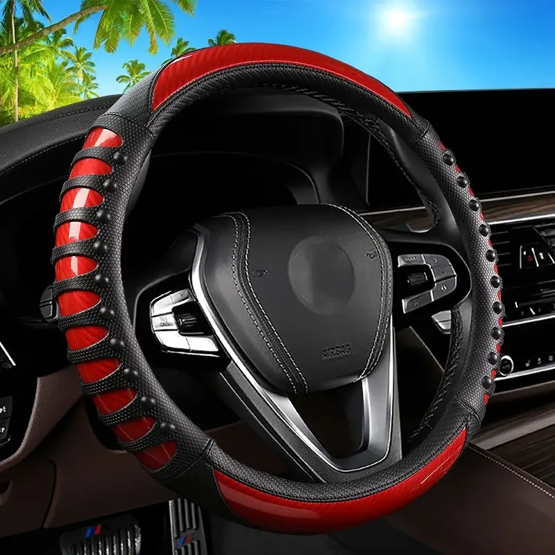 Carbon Fiber Leather Steering Wheel Cover, Sporty Design, Suitable for All Seasons, 38cm Size, Non-Sponge Rubber, Unvulcanized, Car Accessories
