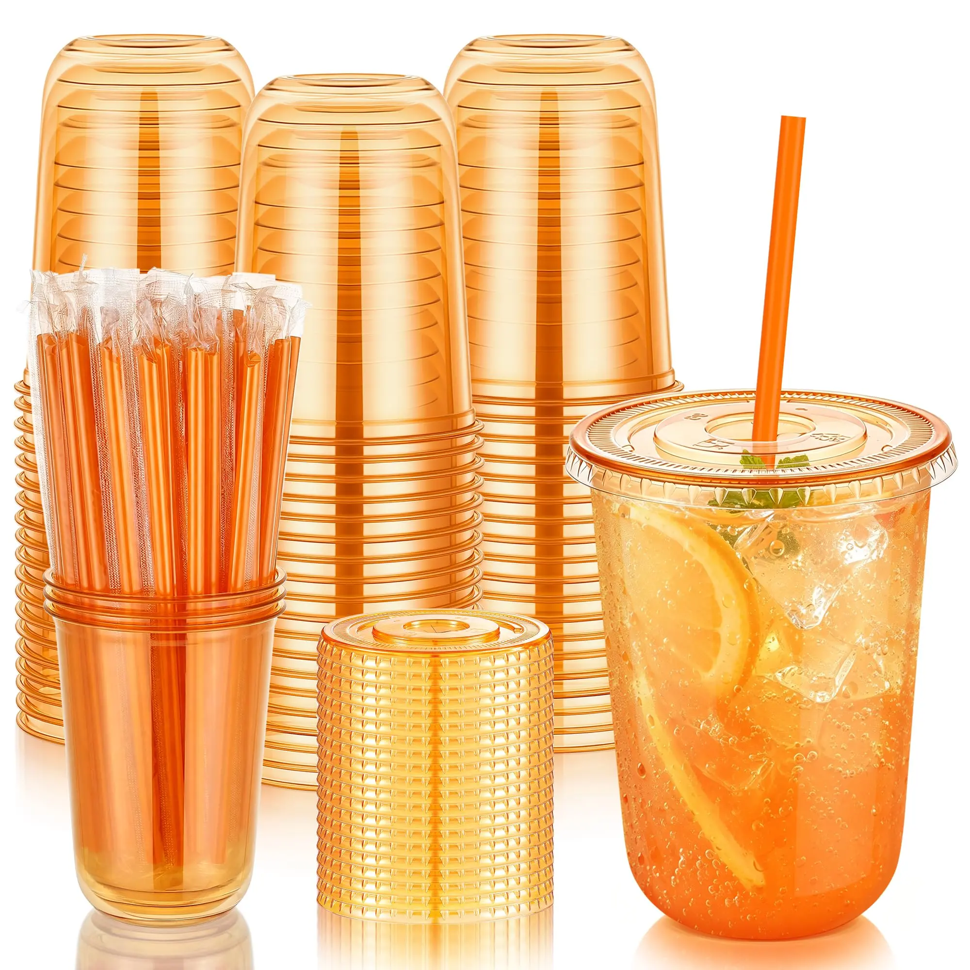 KesaPlan 50 Pack 16 oz Orange Plastic Party Cups with Lids and Straws Disposable Cute, Round Bottom, Iced Coffee Cold Drinking Cup for Halloween/Thanksgiving/ Fall Parties/Birthdays/Weddings