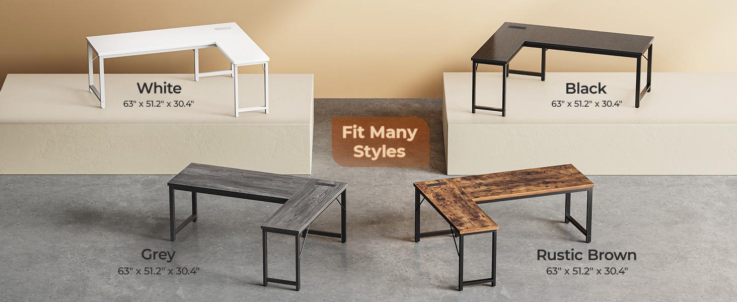 Huuger 63 Inch L Shaped Desk with Power Outlets and USB-C Port, 0.95 Inch Thicker Desktop, Reversible Computer Desk, Larger Office Corner Gaming Desk, for Home Office, Study Monitor Mount