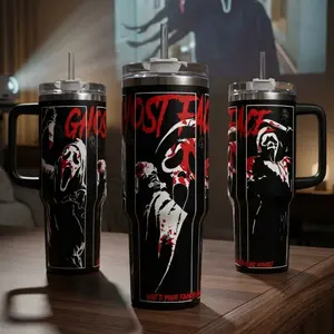 Ghostface "Favorite Scary Movie" 40oz Tumbler with Handle | Custom 90s Horror Movie Cup | 20oz Insulated Travel Mug | Spooky Aesthetic Slasher Fan Gift | Cup Holder Friendly