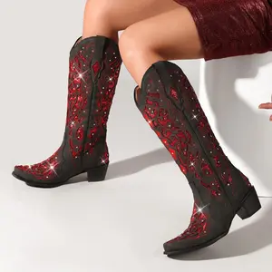 Western Cowboy Boots with Comfortable Calf Black Cowgirl Boot Women Sparkly Rhinestone Wedding Boots Trendy Vintage Tall Glitter Boot with Embroidery and Chunky Heel for Daily Wearing Office Party