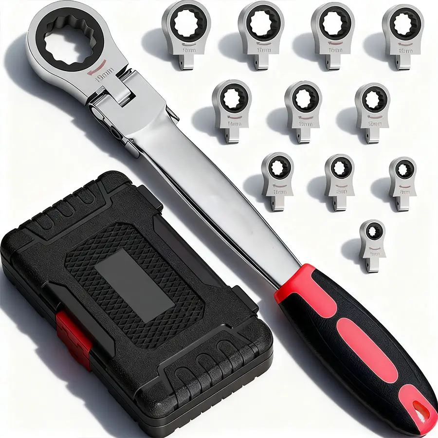 12PCS Flex Head Ratcheting Wrench Set, 8-19mm Ratchet Wrench Set with Interchangeable Heads for Mechanic Repair