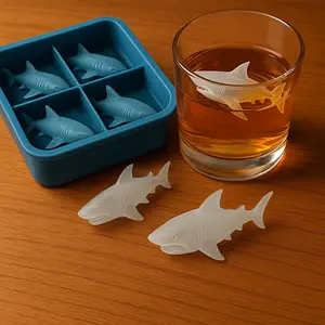 4-Compartment Shark Silicone Ice Cube Tray with Shark-Shaped Molds - Non-Stick Reusable Kitchen Tool for Making Ice Cubes, Chocolate, & Party Desserts