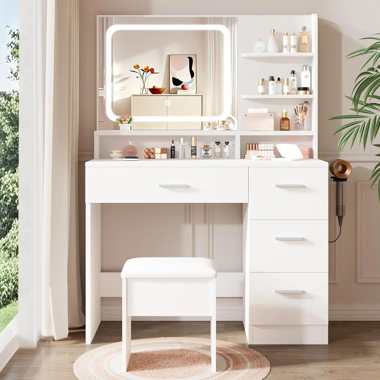 【Home Essentials】WeCharmer Vanity Desk Set with Smart LED Mirror, Hairdryer Rack, Power Outlet, Drawers & Open Shelves – All-in-One Beauty Station,summerwins,dorm essentials,home decor Vanity With Mirror And Lights Makeup Desk