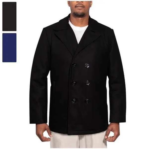 ROTHCO Men's Naval Heritage Pea Coat - Navy Blue Big-Tall Plain Wool-Blend Longsleeve Jacket, Fitted Full-Length, Military Vibe, Vintage Classic Casual, Anchor Design, Pockets, Gothic Basics, Button-Closure