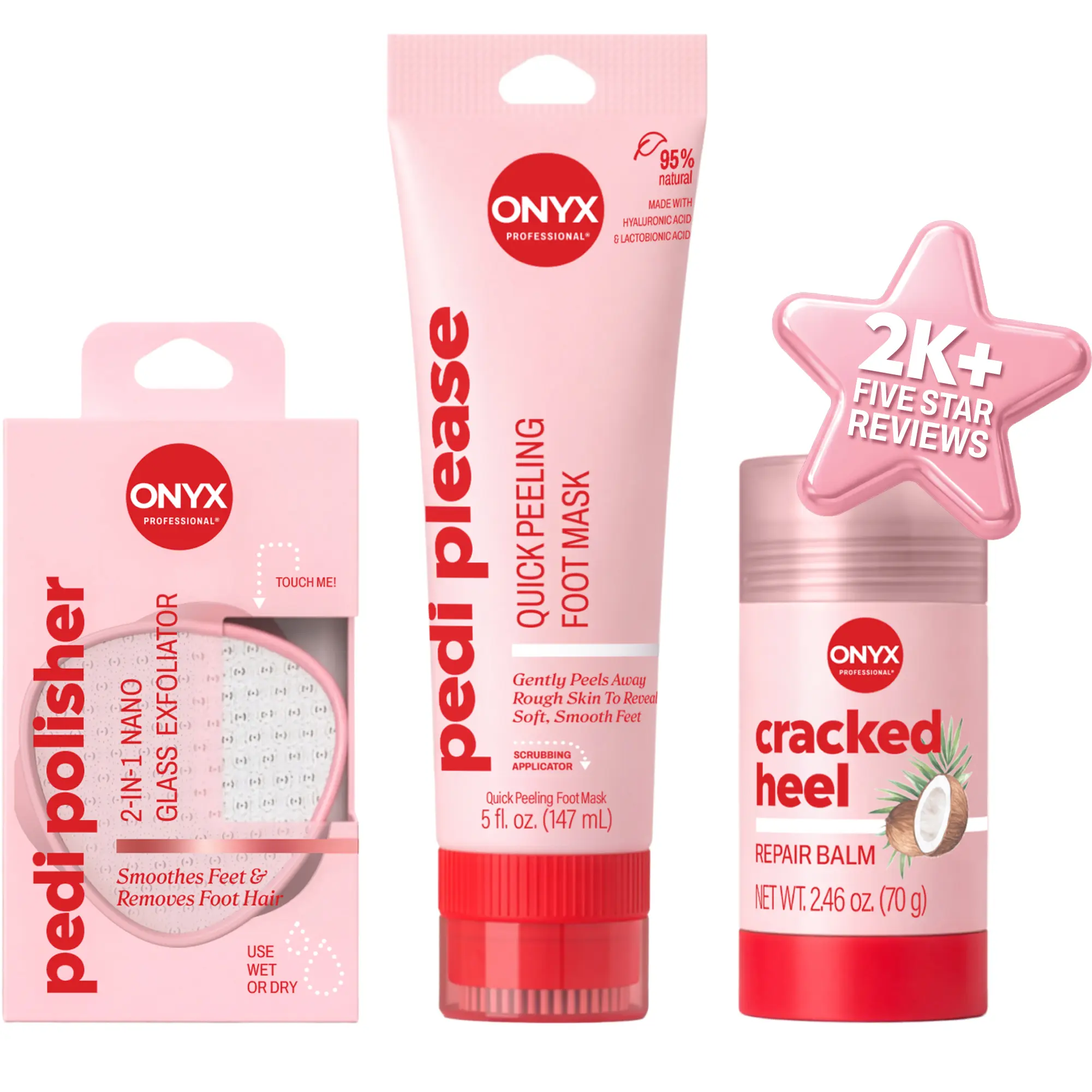 Onyx Professional 3-Step Foot Facial | Includes 3 Products to Smooth, Soften & Moisturize Dry & Callused Feet with Pedi Please Exfoliating Mask, Pedi Polisher Hair & Dry Skin Removal, & Cracked Heel Balm