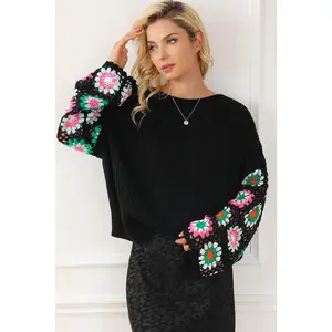 Black Floral Crochet Bell Sleeve Loose Sweater