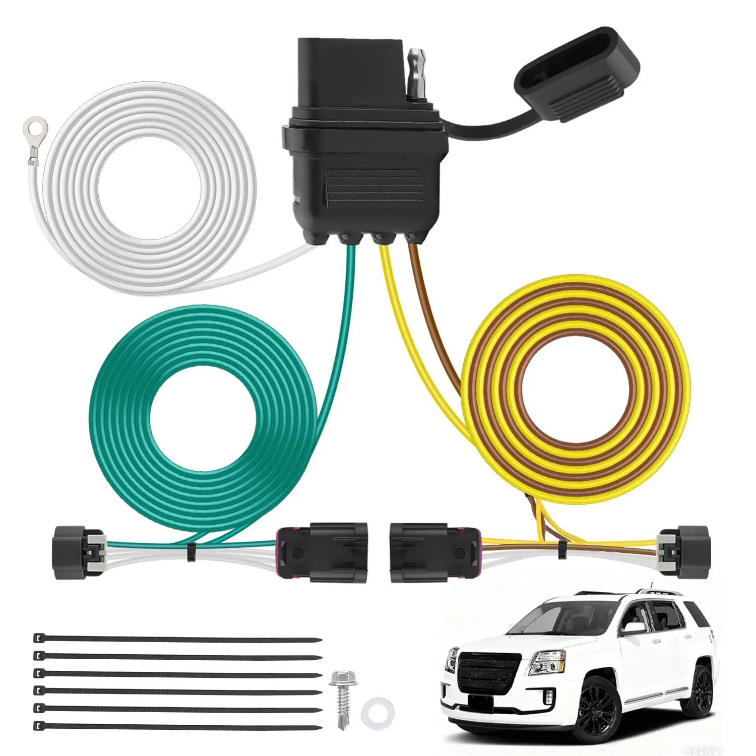 Custom 4-Pin Vehicle-Side Trailer Wiring Harness Kit 56094, Flat Connector, Plug-and-Play PVC Pure Copper Wires, Tow Lighting for 2010-2017 Chevy Equinox/GMC Terrain (w/o Factory Simple Fit Hitch Towing Package), 2010-2017 Gmc Terrain
