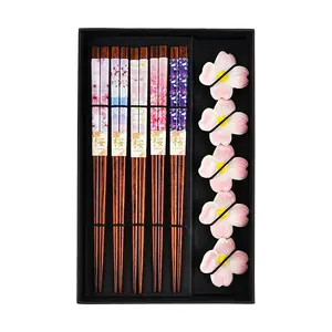 Golden Lion 5 Pairs Bamboo Chopsticks with Cherry Blossom Ceramic Chopstick Rests - 22.5cm