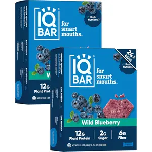 IQBAR Plant Protein Bars - Brain & Body Nutrients for Focus, Energy, Meal Replacement, Wild Blueberry - 24 Count