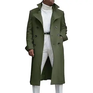 Runcati Men's Notch Lapel Double Breasted Long Trench Coat Casual Cotton Blend Peacoat
