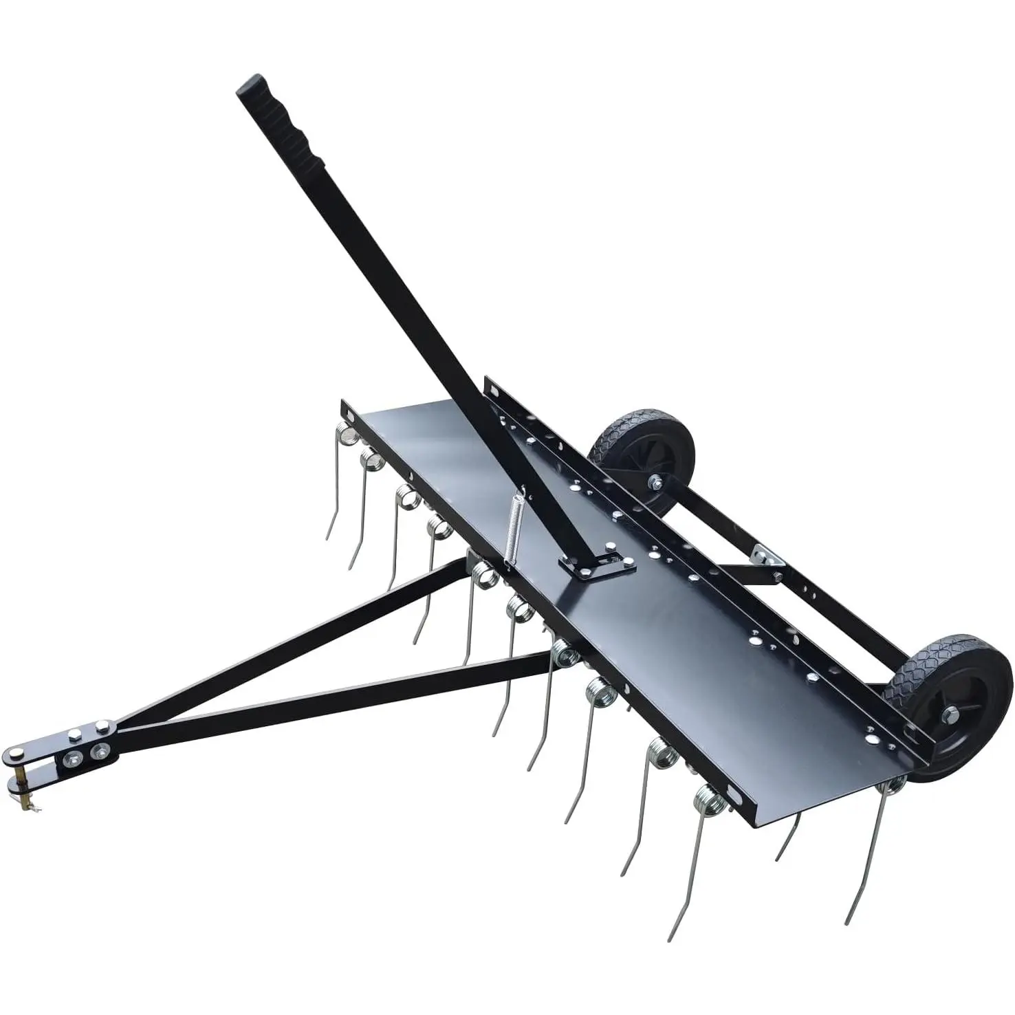 Adjustable Durable Tow Behind Dethatcher - 48-Inch Tractor Rake, 24 Spring Steel Tines, 40-Inch Width Rake, Lift Handle, Assembly Required, Compatible with ATV Mower