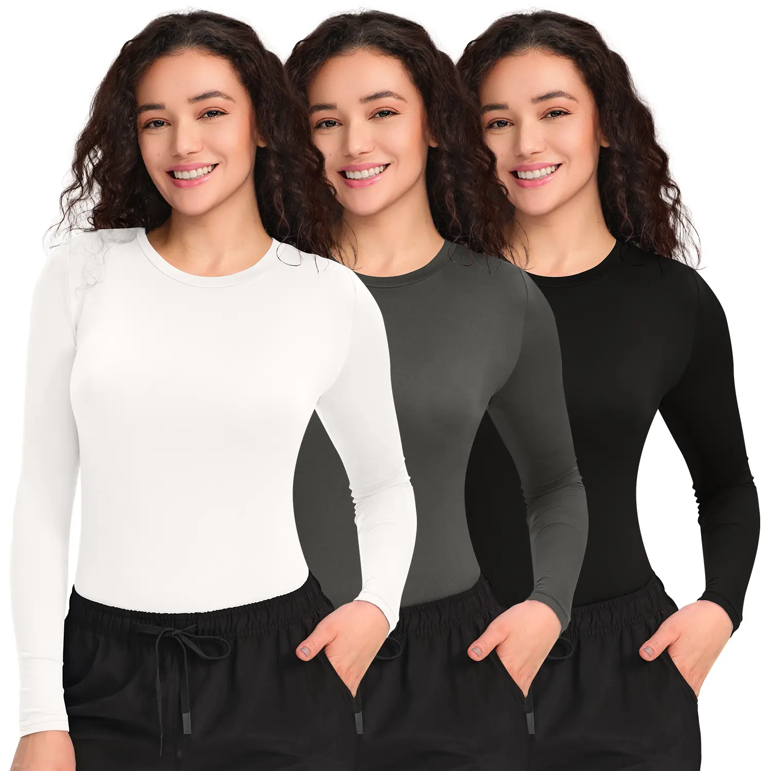 COZYFIT Women's 3-Pack Basic Everyday Longsleeves Underscrub Crewneck Tees - Comfortable Round Neck Workwear Undershirts for Summer Vibes