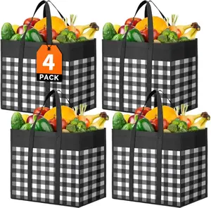 4-Pack Reusable Synthetic Grocery Totes, Foldable with Reinforced Handles, Large Waterproof Coated Multipurpose Storage Bags (Black-White)