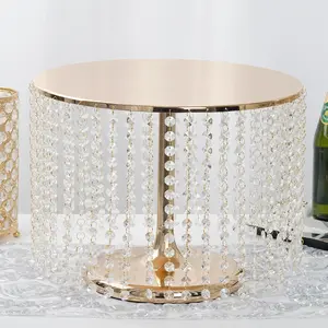 Metal Cake Stand Round Design Metallic Gold with Crystal Chains 14" Dia - Cupcake Dessert Pedestal 12" Tall