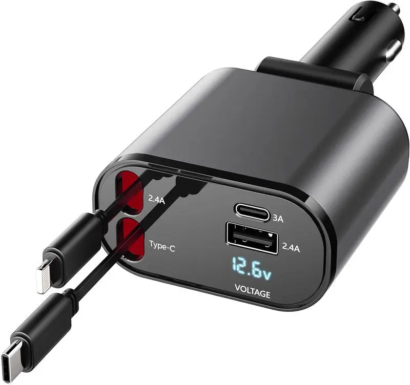 4 in 1 Retractable Car Charger, USB C Fast Charging Adapter[Max100W] with Lightning Cable&Dual Charge Port Compatible with iPhone 15/14/13 Pro Max Plus/iPad/AirPods,Samsung Galaxy S23/S22/S10,Google Smartphone Electronic Cellphone Mobile