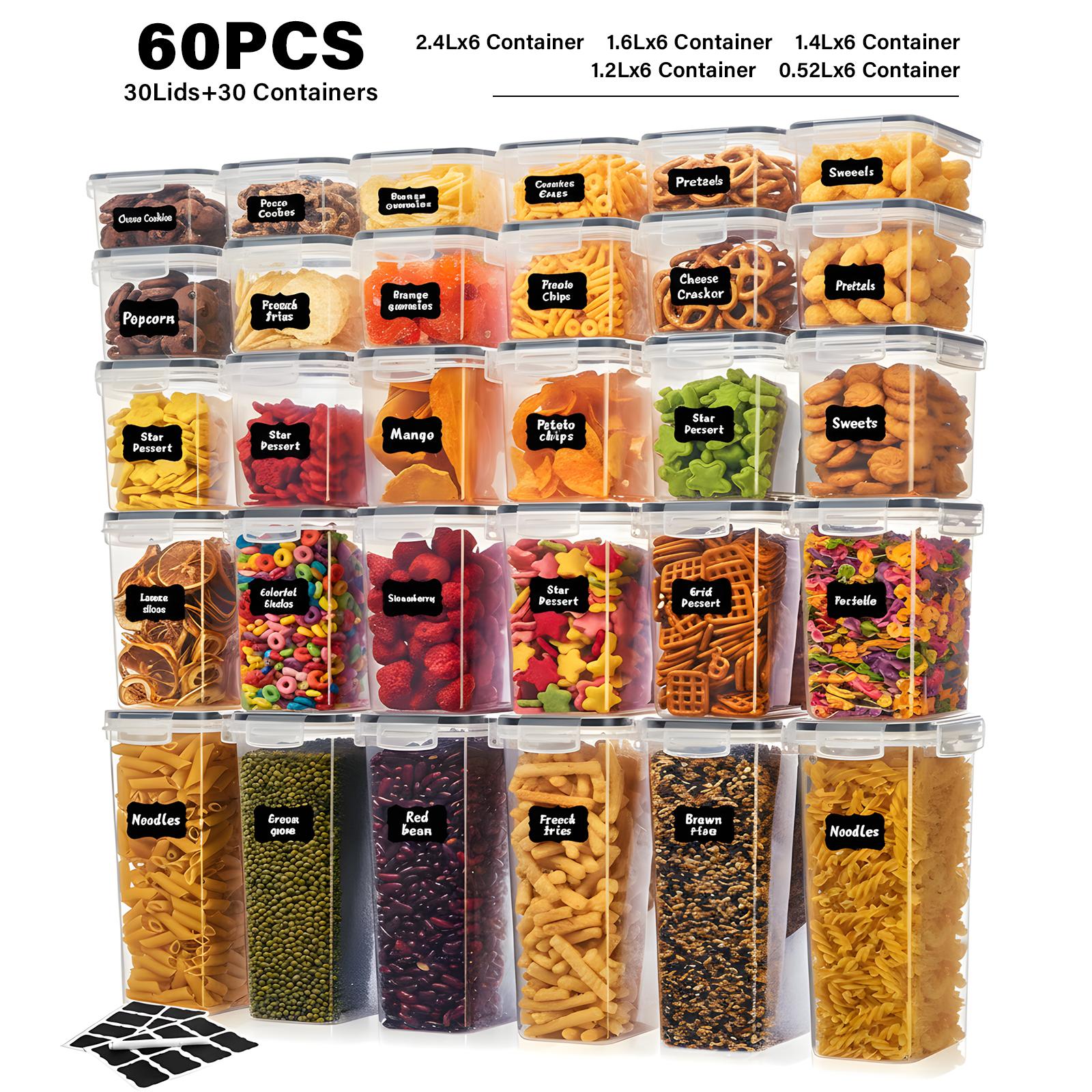 30/60 Airtight Food Storage Container Set (15/30 Lids & 15/30 Jars), BPA-Free Plastic Kitchenware for Storing Grains, Flour, and Sugar, Ideal Pantry Kitchen Organization Tool, Reusable Labels & Marker, Ason Jars