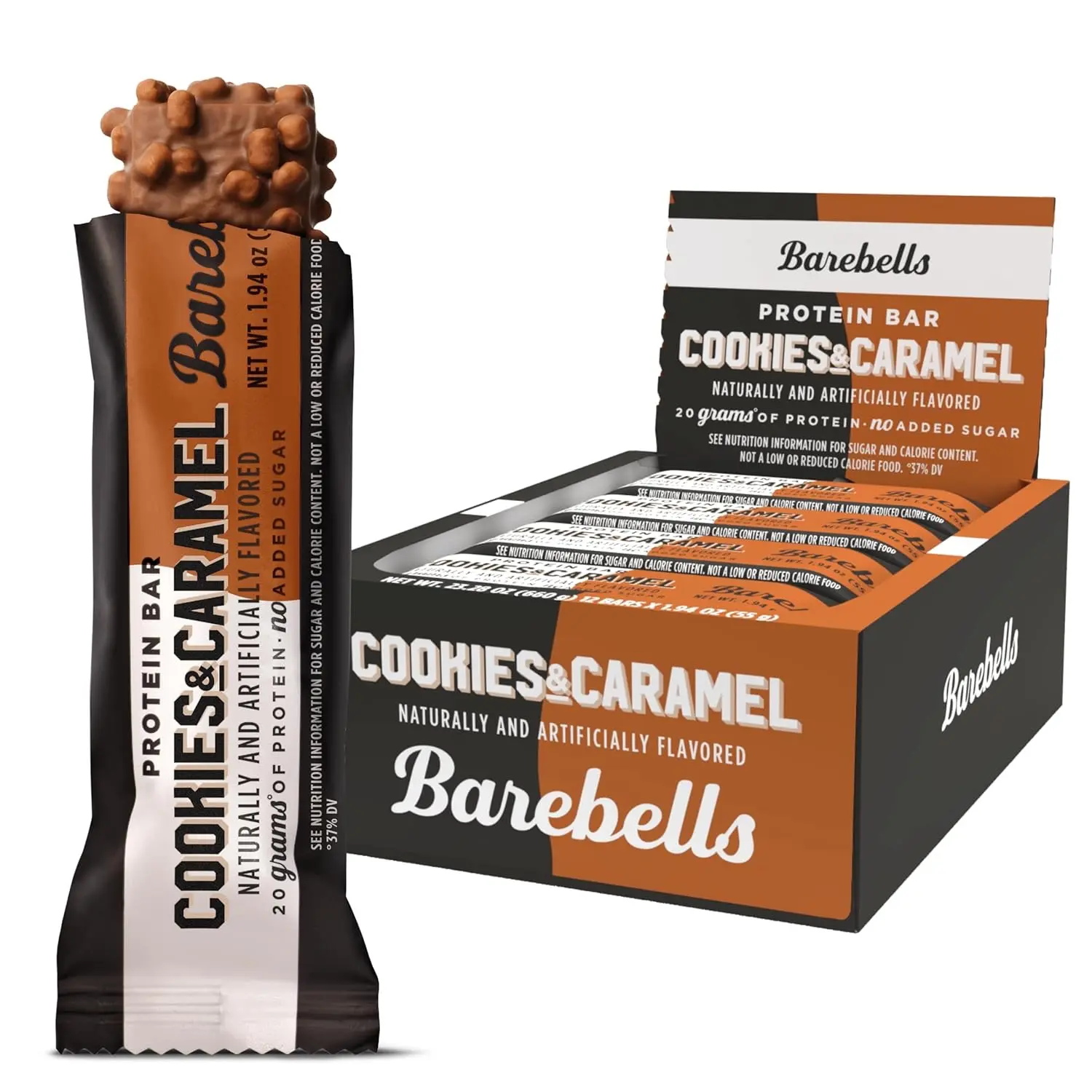 Barebells Protein Bar - Cookies & Caramel Flavor, 12 Count Snack Pack, 55g Each, Includes Whey Protein, Room Temperature Storage Compatible