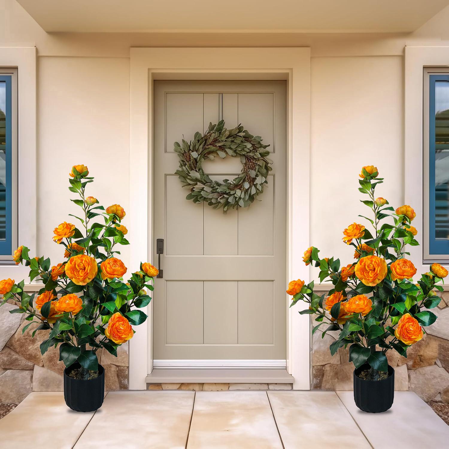 2 pcs of artificial camellia tree with built-in flower pot, 35.43 inch green plant potted plant suitable for indoor, outdoor, courtyard, porch decoration