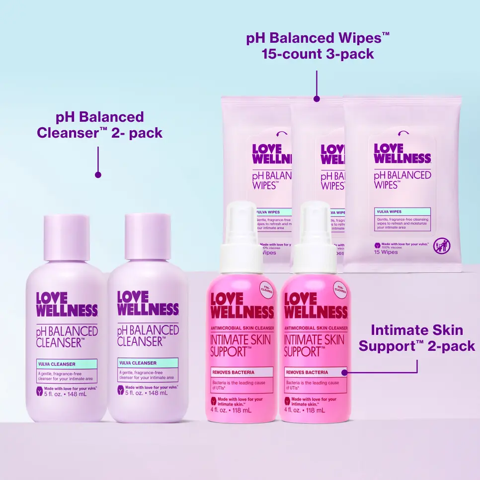 Love Wellness Intimate Skin Support Bundle – FDA-Cleared Hypochlorous Acid Spray + pH Balanced Cleanser + Wipes | Fragrance-Free, pH-Balanced Feminine Care Set for Women
