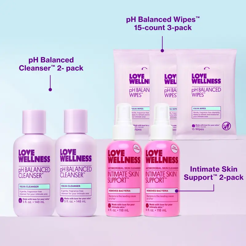 Love Wellness Intimate Skin Support Bundle – FDA-Cleared Hypochlorous Acid Spray + pH Balanced Cleanser + Wipes | Fragrance-Free, pH-Balanced Feminine Care Set for Women