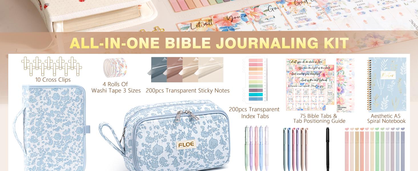 FLOE Bible Study Supplies Journaling Kit for Women with Bible Cover Case,  Easter Christmas Christian Gifts for Women, Bible Study Tools Accessories Set with Highlighters Pens, Pencil Case Notebook Annotation Kit